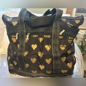 LeSportsac Large Zip Top Weekender Tote - Black With Metallic Gold Hearts